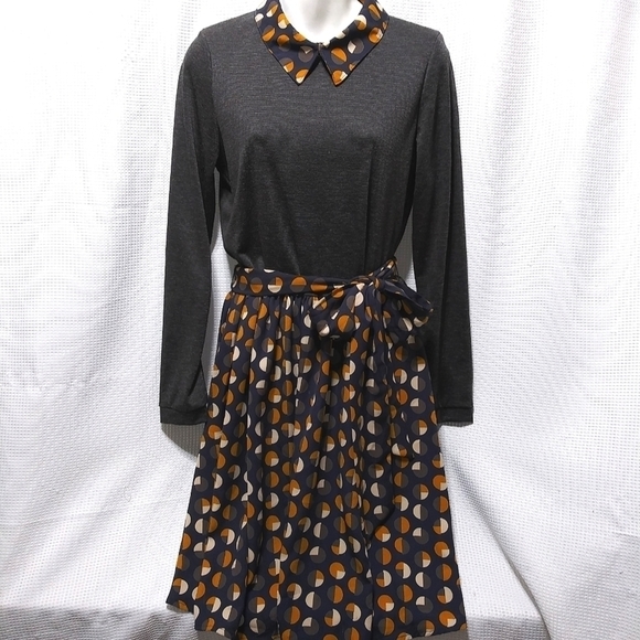 Lady JESSY B Retro Style Geometric DRESS Gray Cream Yellow Navy Sash Belt NWOT - Picture 2 of 12